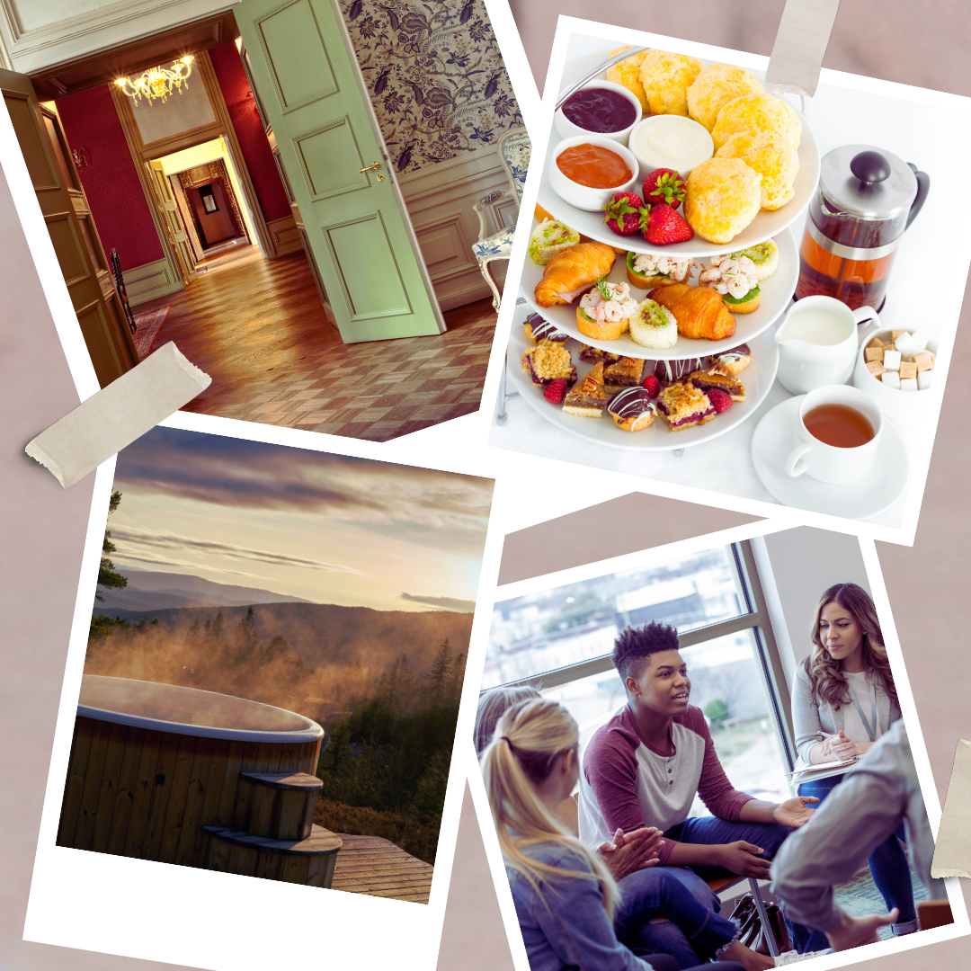 Collage of images including a country manor house room interior, afternoon tea set, scenic view from a hot tub, and people sitting together chatting.