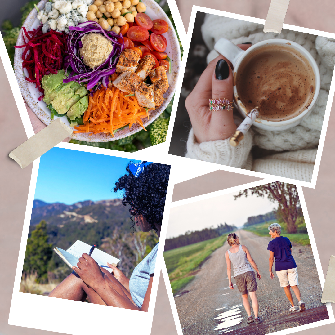 Collage of images including a nourish bowl salad, a cup of hot chocolate, a person journalling outdoors, and two people walking on a path in the countryside.