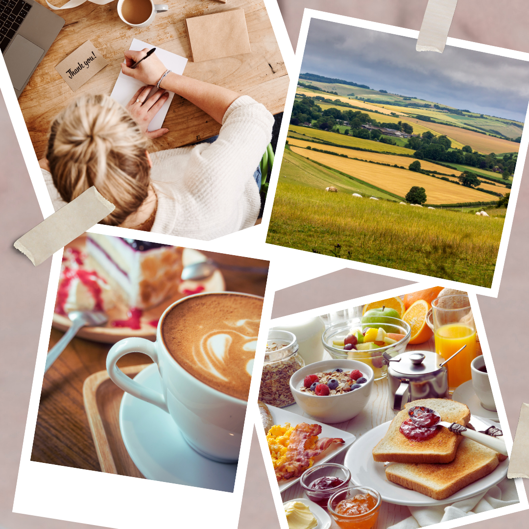Collage of a person writing a thank you note, a scenic landscape of the British countryside, a cup of coffee with some cake, and breakfast items laid out buffet style.