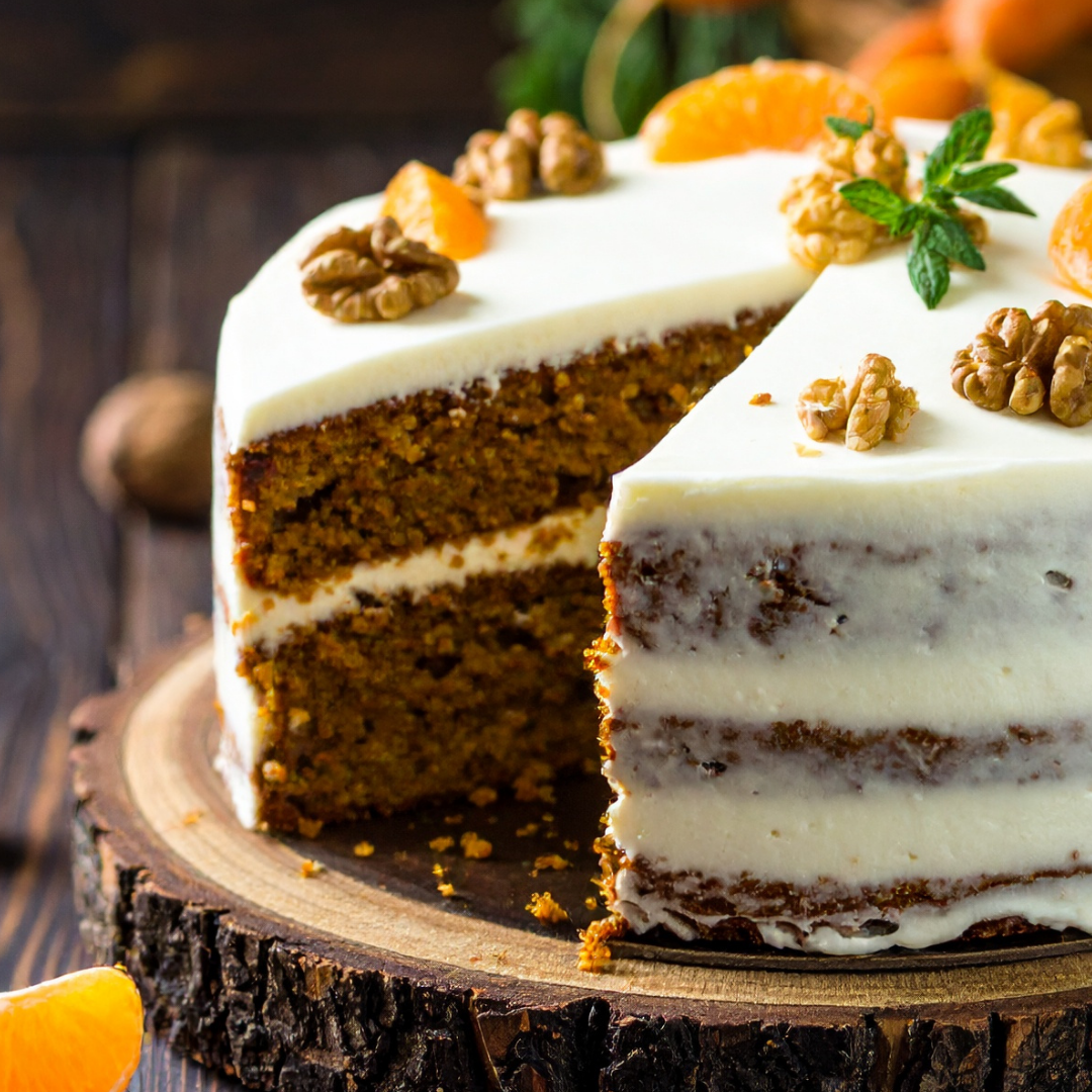 Carrot cake with white frosting on a wooden board, garnished with walnuts and orange slices. Snack time, retreat-style — help yourself to homemade cakes, savoury popcorn, and our legendary biscuit tin filled with plant-based goodies.